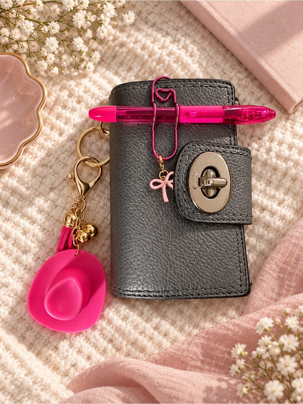 Coach Black Leather Compact Wallet with Gold-Tone Turnlock